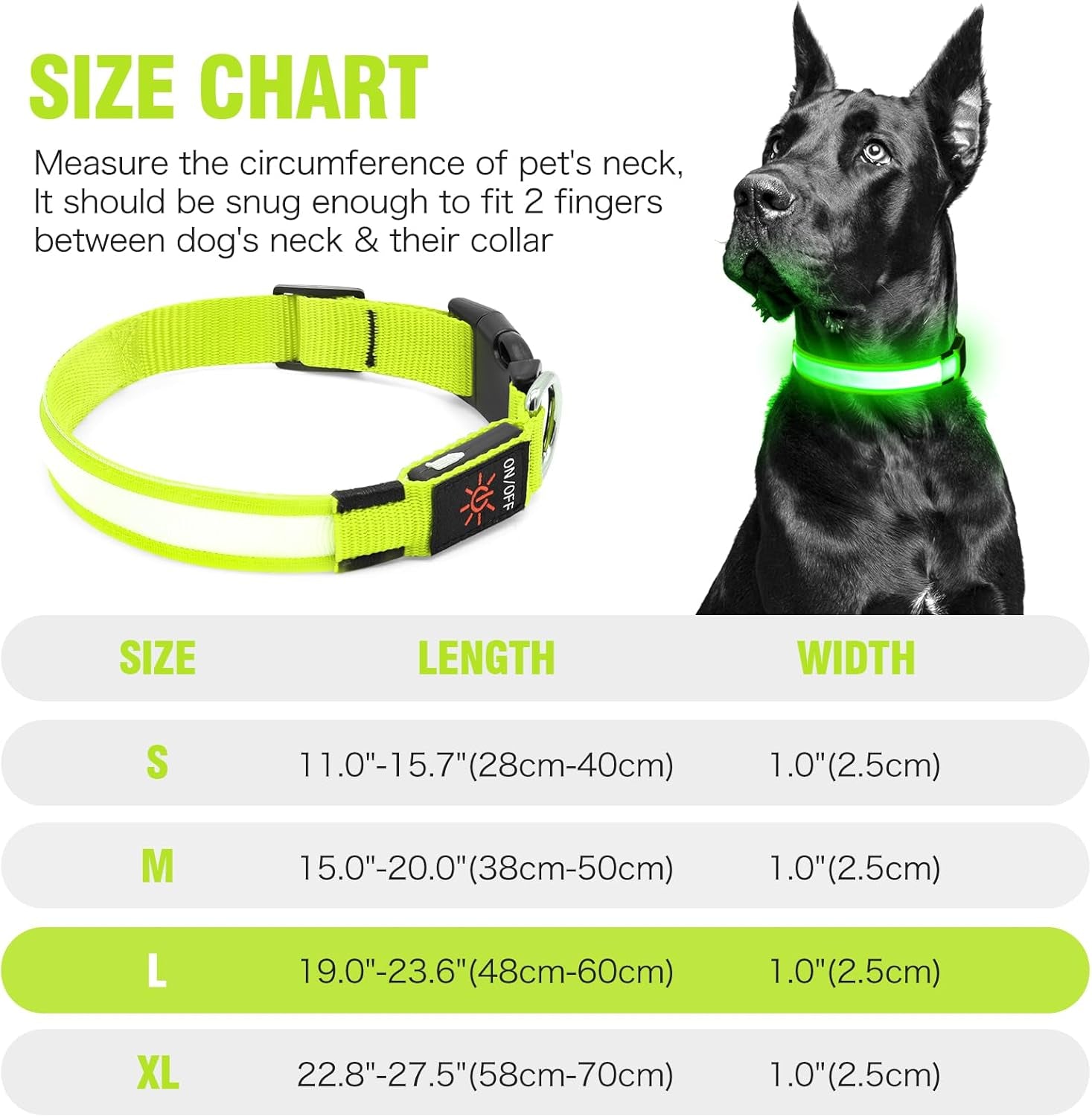 LED Dog Collar, USB Rechargeable Light up Dog Collars, Adjustable Glow Collars Safety Light for Small Medium Large Dogs (Green, Large)